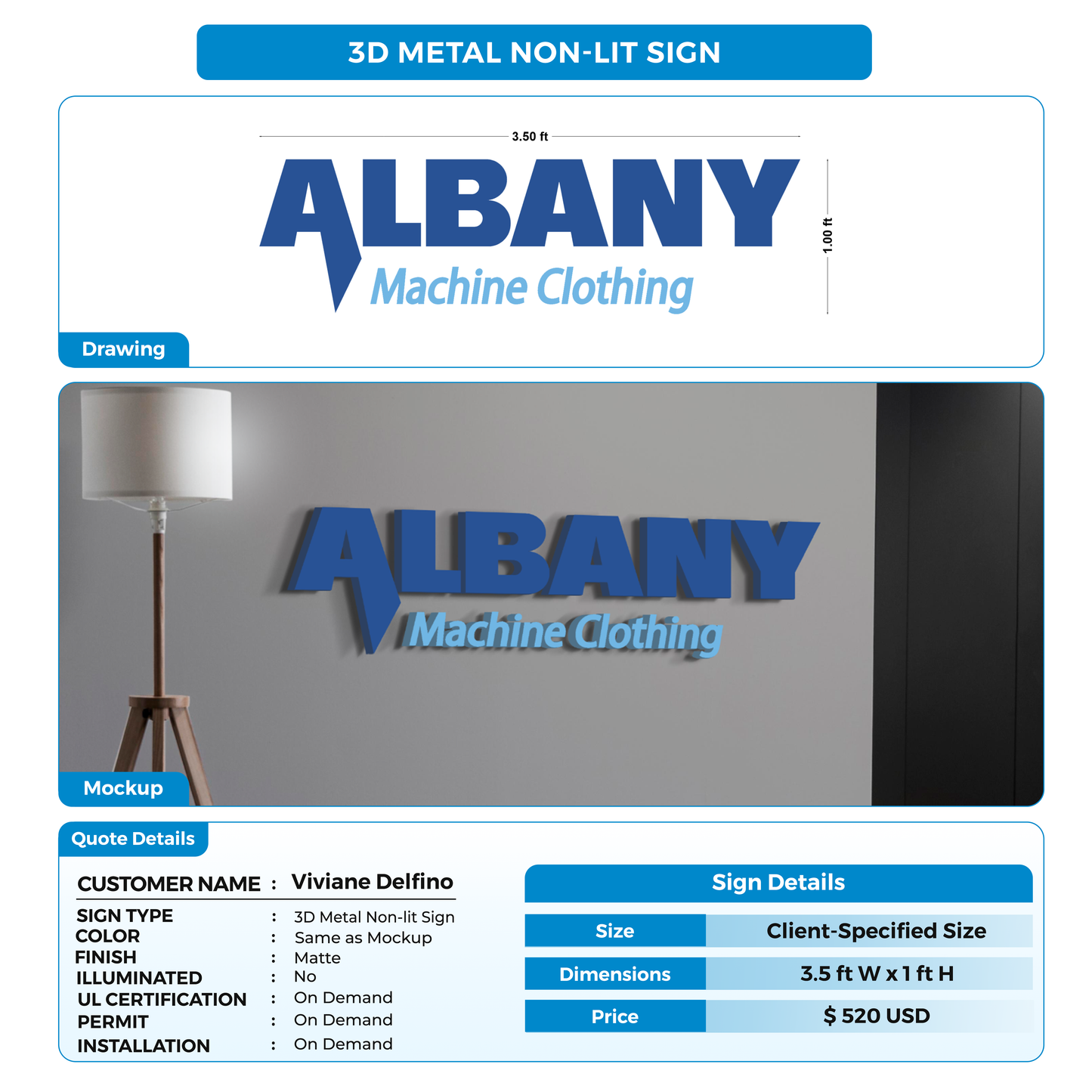 3D metal non-lit sign for Viviane Delfino