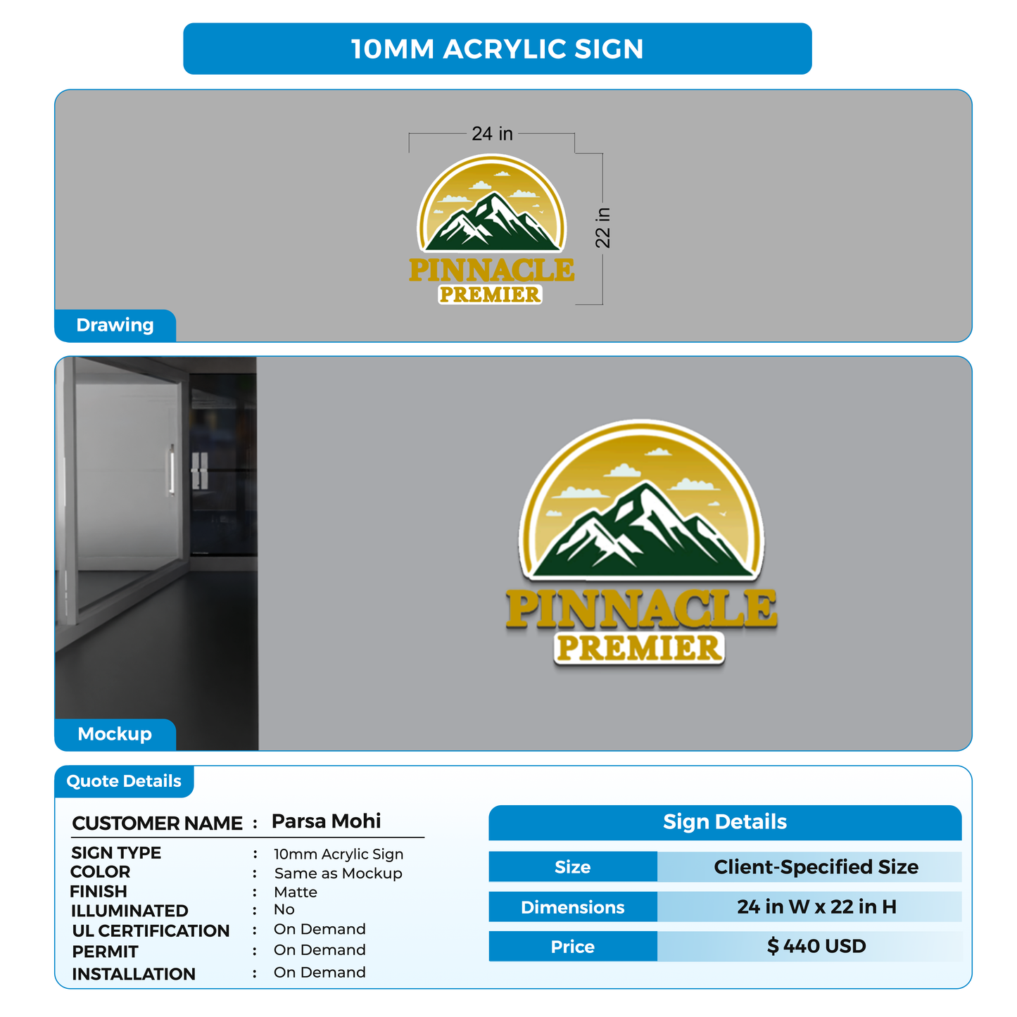 10mm acrylic sign for Parsa Mohi