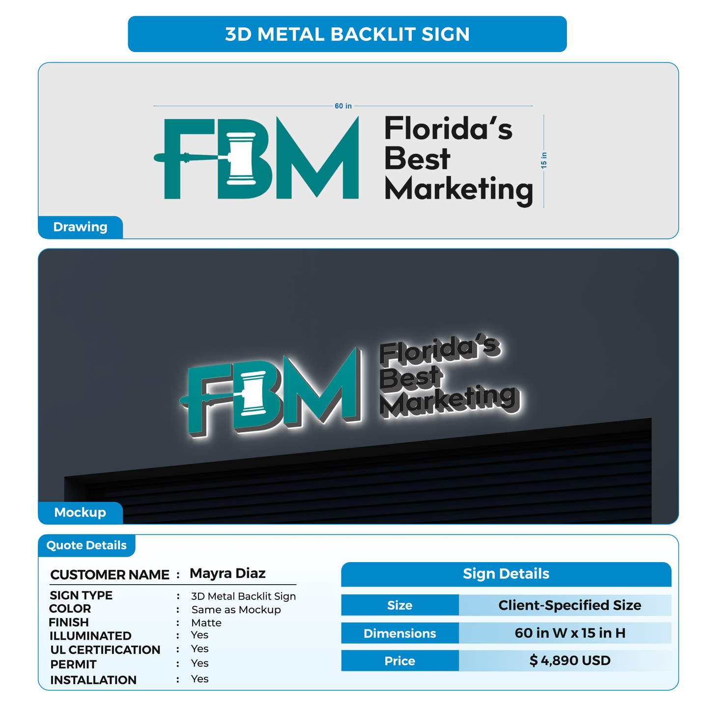 3D Metal Backlit Sign for Mayra Diaz