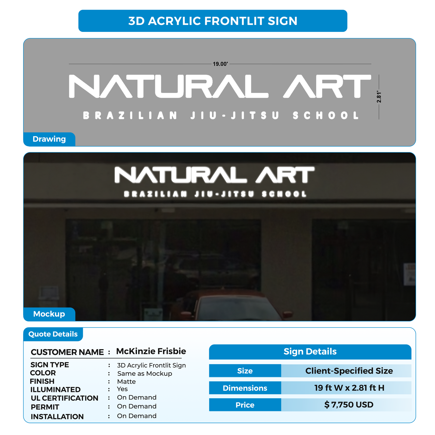 3D Acrylic Frontlit Sign for McKinzie Frisbie