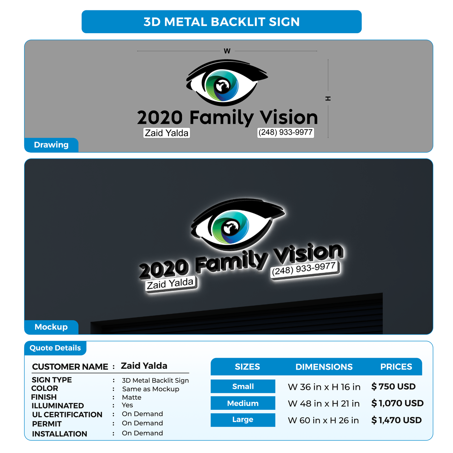 3d metal backlit sign for Zaid Yalda