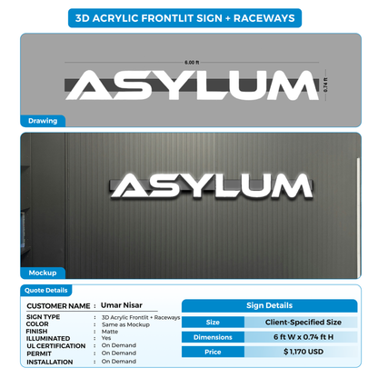 3D Acrylic Frontlit sign with raceways for Umar Nisar