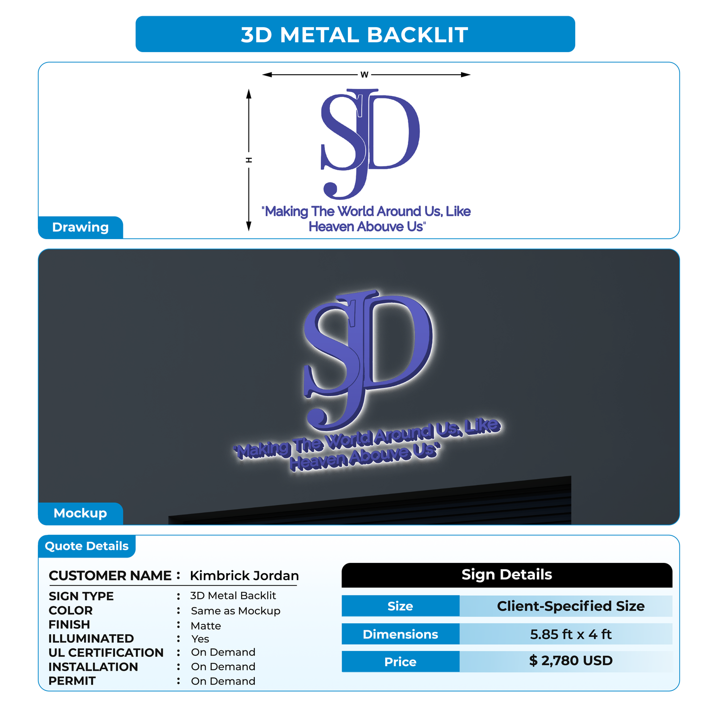 3d metal backlit sign for Kimbrick Jordan