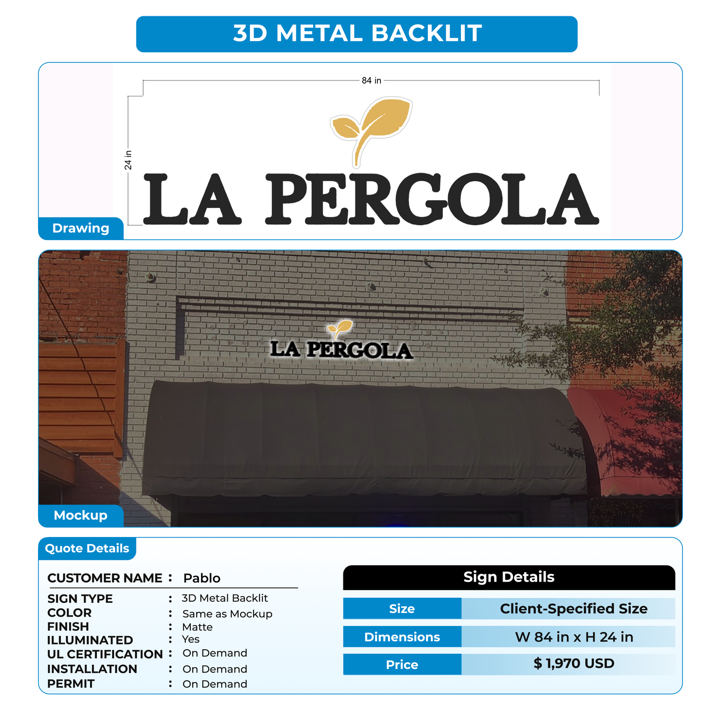 3D Metal Backlit Sign For Pablo