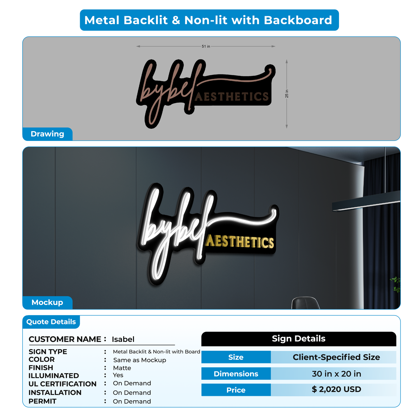 3d Metal Non-lit Sign With Backboard for Isabel