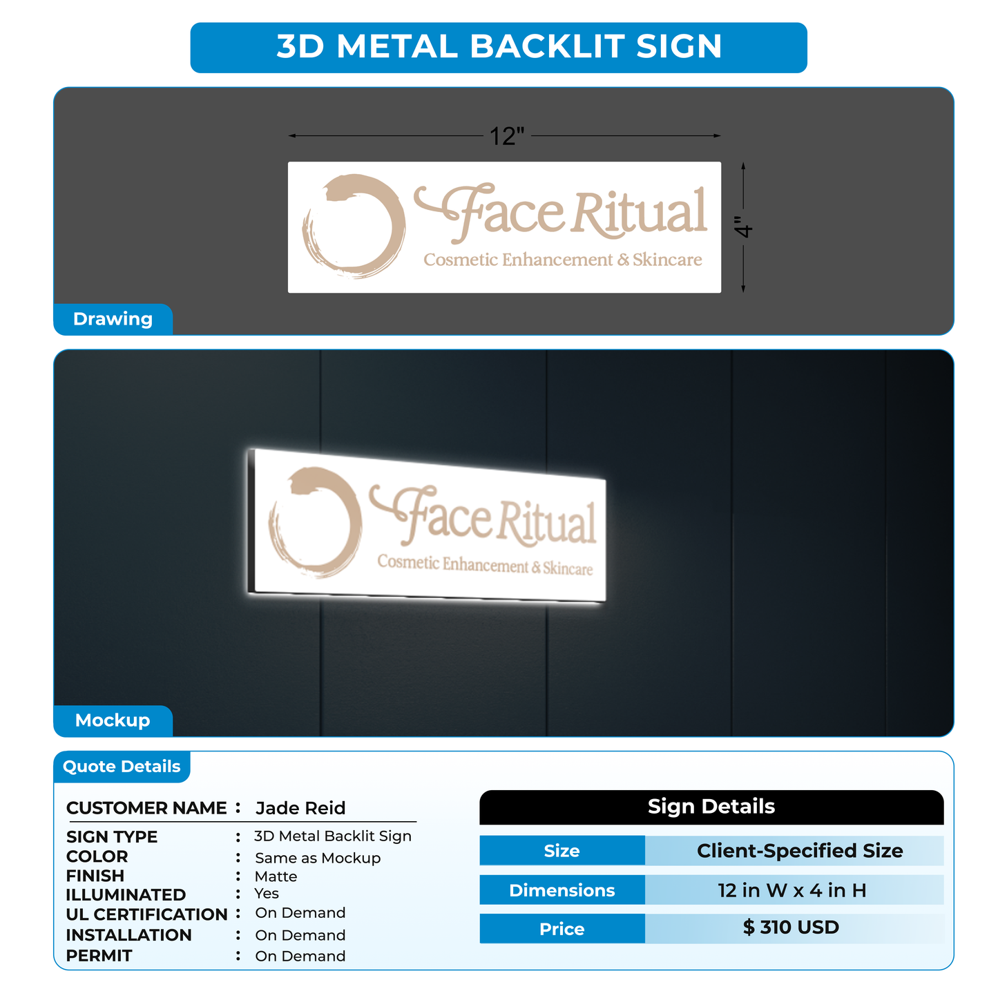 3D Metal Backlit Signs For Jade Reid
