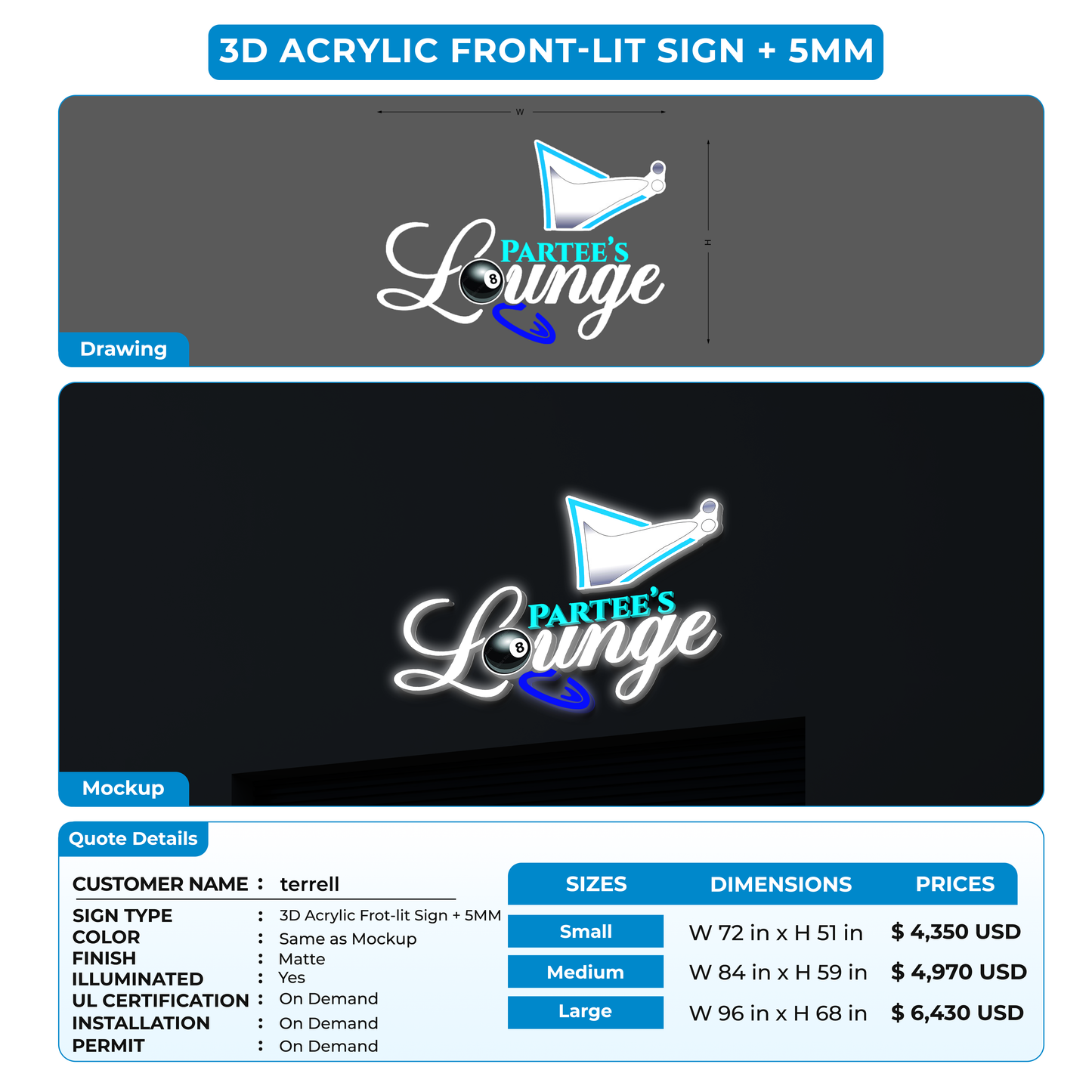 3D Acrylic Front-lit Sign + 5MM For terrell