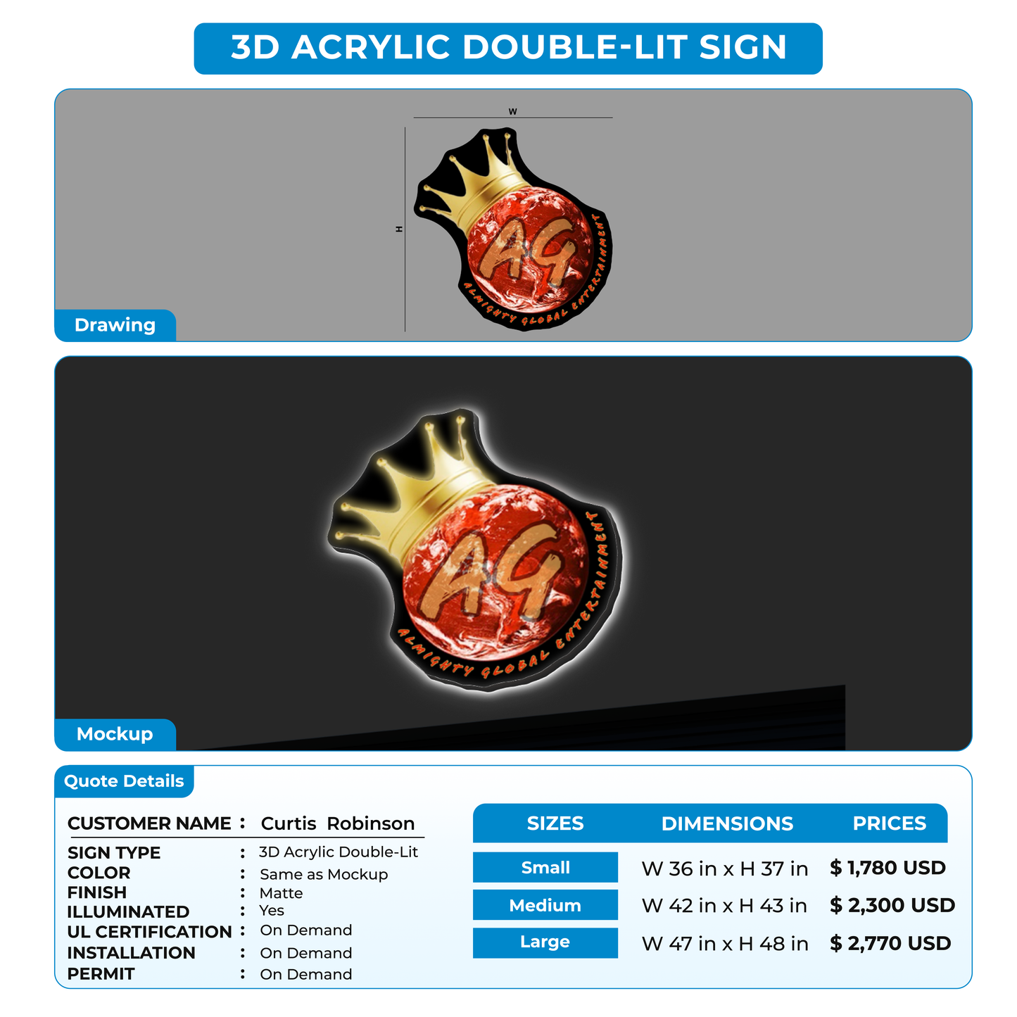 3D Acrylic Doublelit Sign for Curtis  Robinson