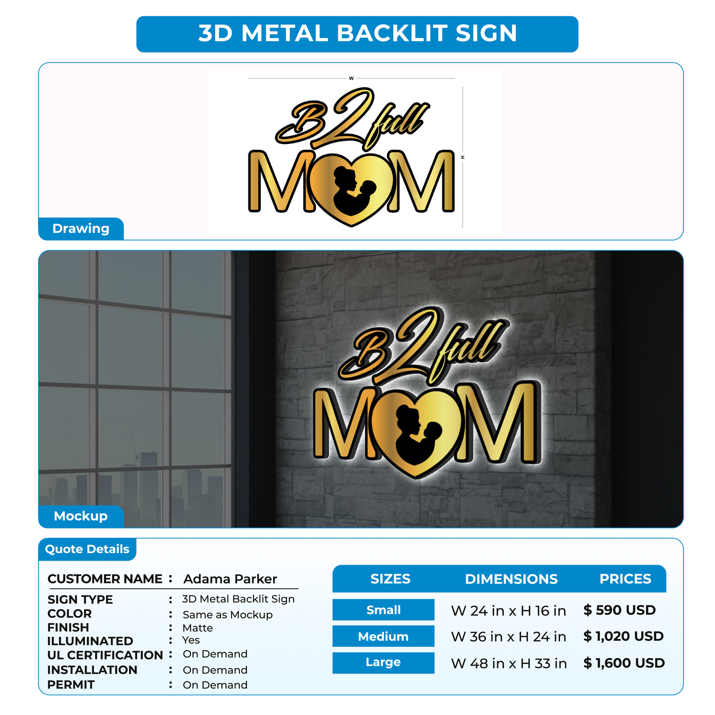 3D Metal Backlit For Adama Parker