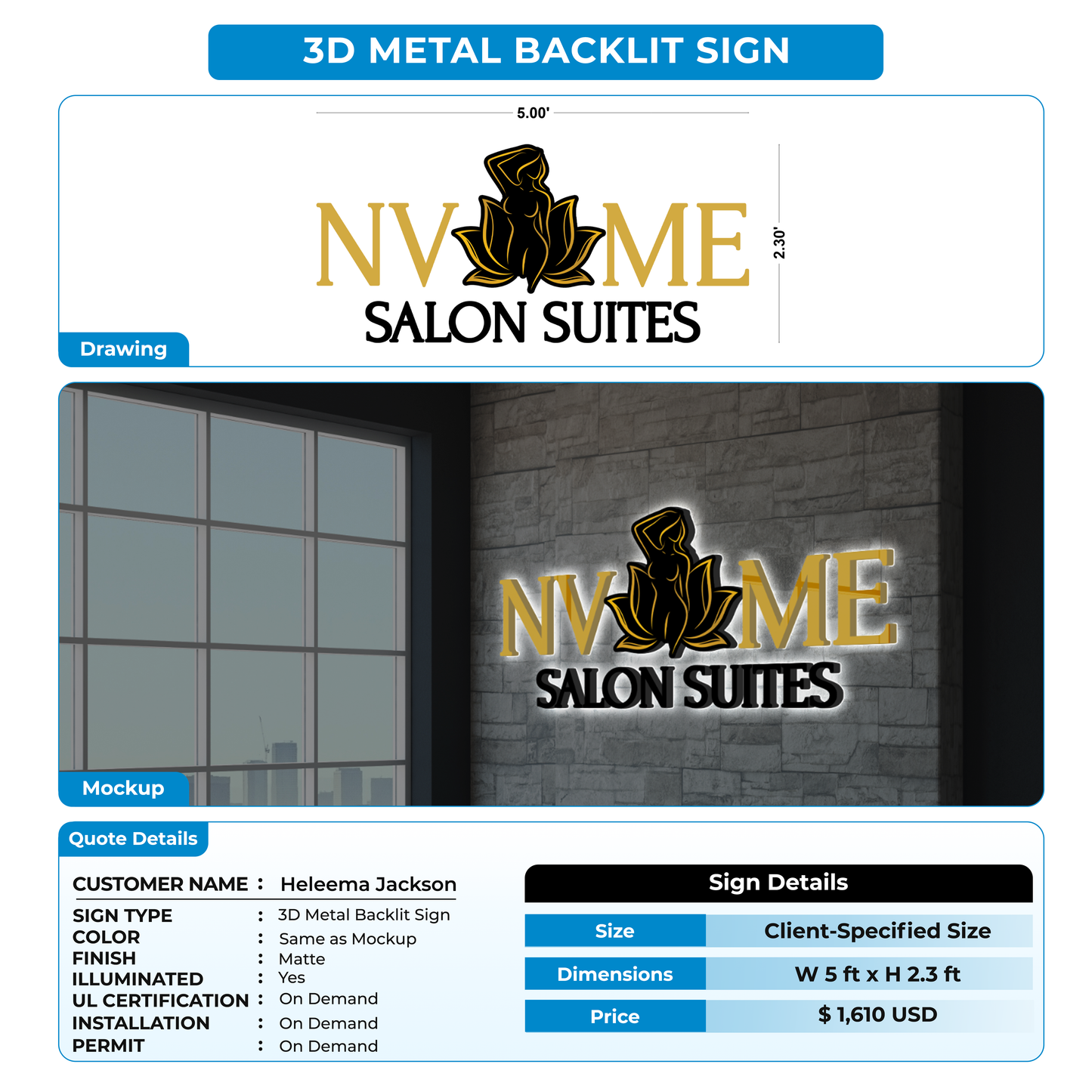 3D Metal Backlit Sign for Heleema Jackson