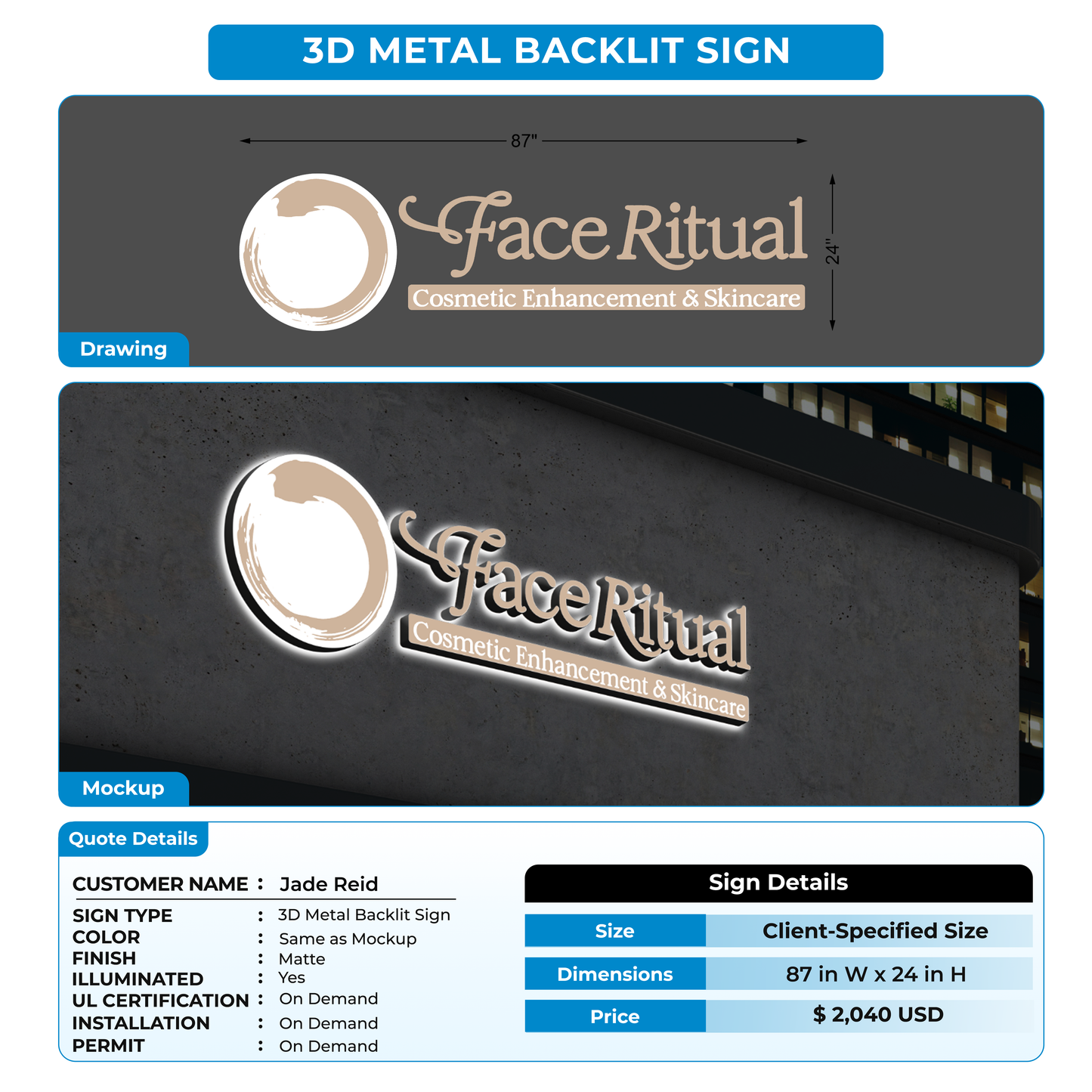 3D Metal Backlit Signs For Jade Reid