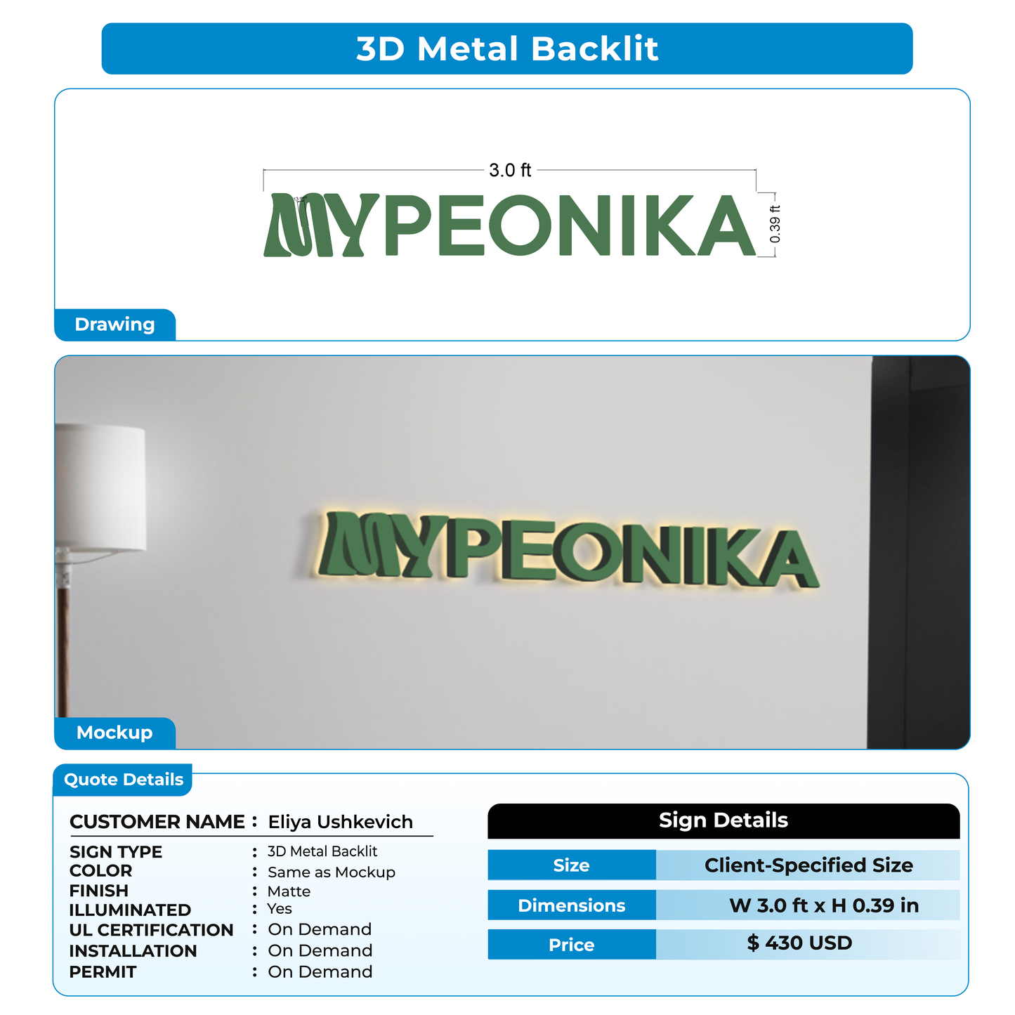 3d metal backlit sign for Eliya Ushkevich