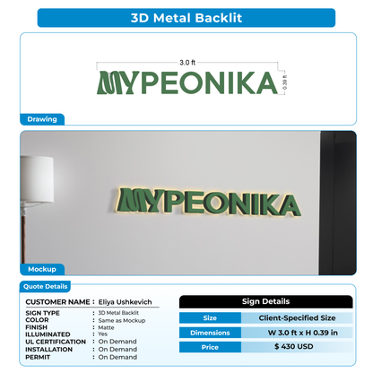 3d metal backlit sign for Eliya Ushkevich