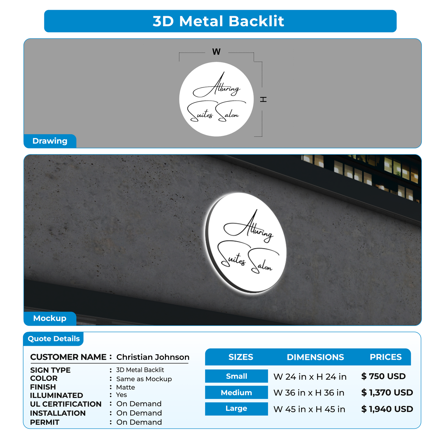 3D Metal backlit Sign for Christian Johnson
