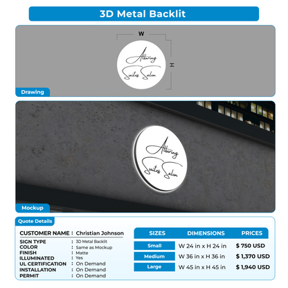 3D Metal backlit Sign for Christian Johnson