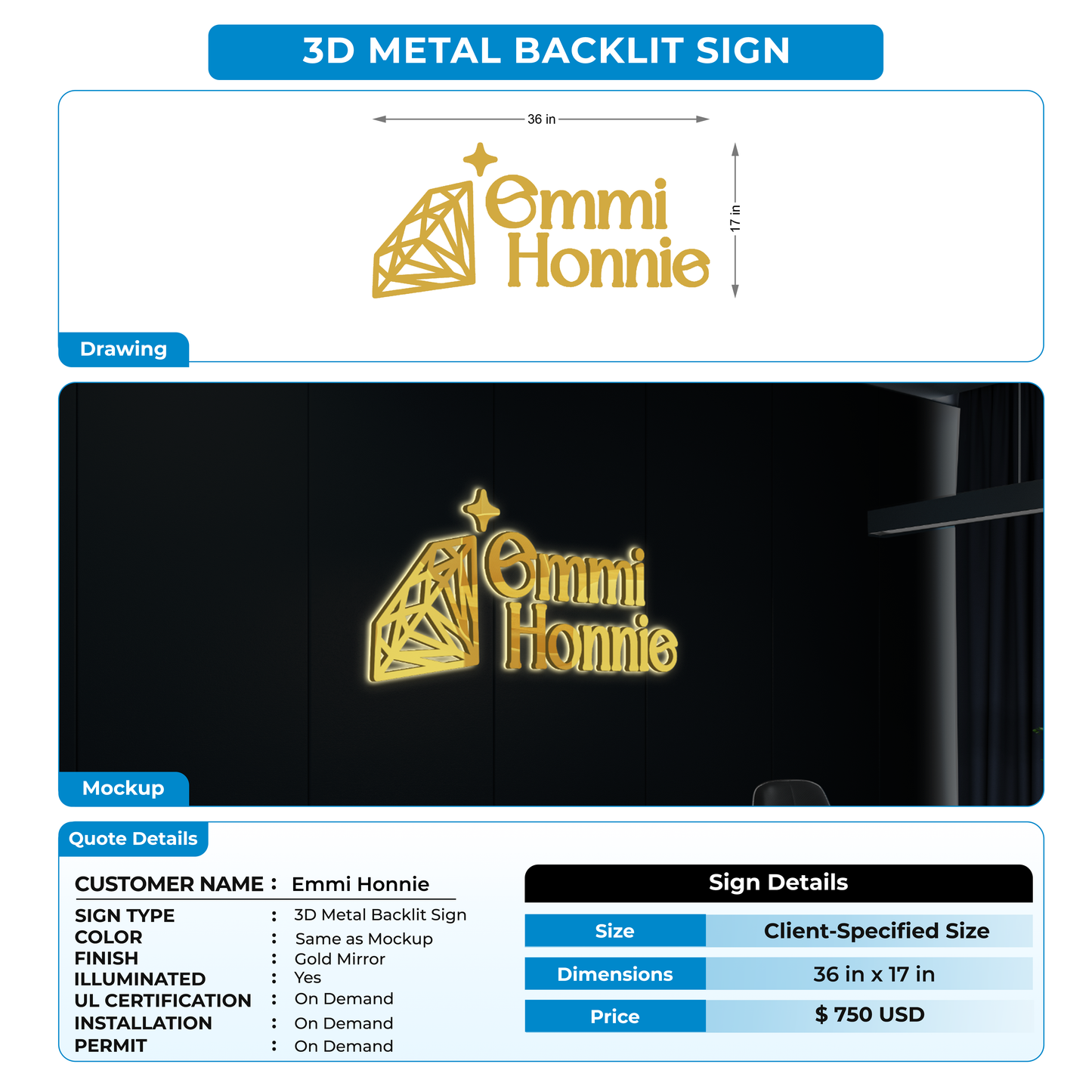 3D Metal Back-lit Sign For Emmi Honnie