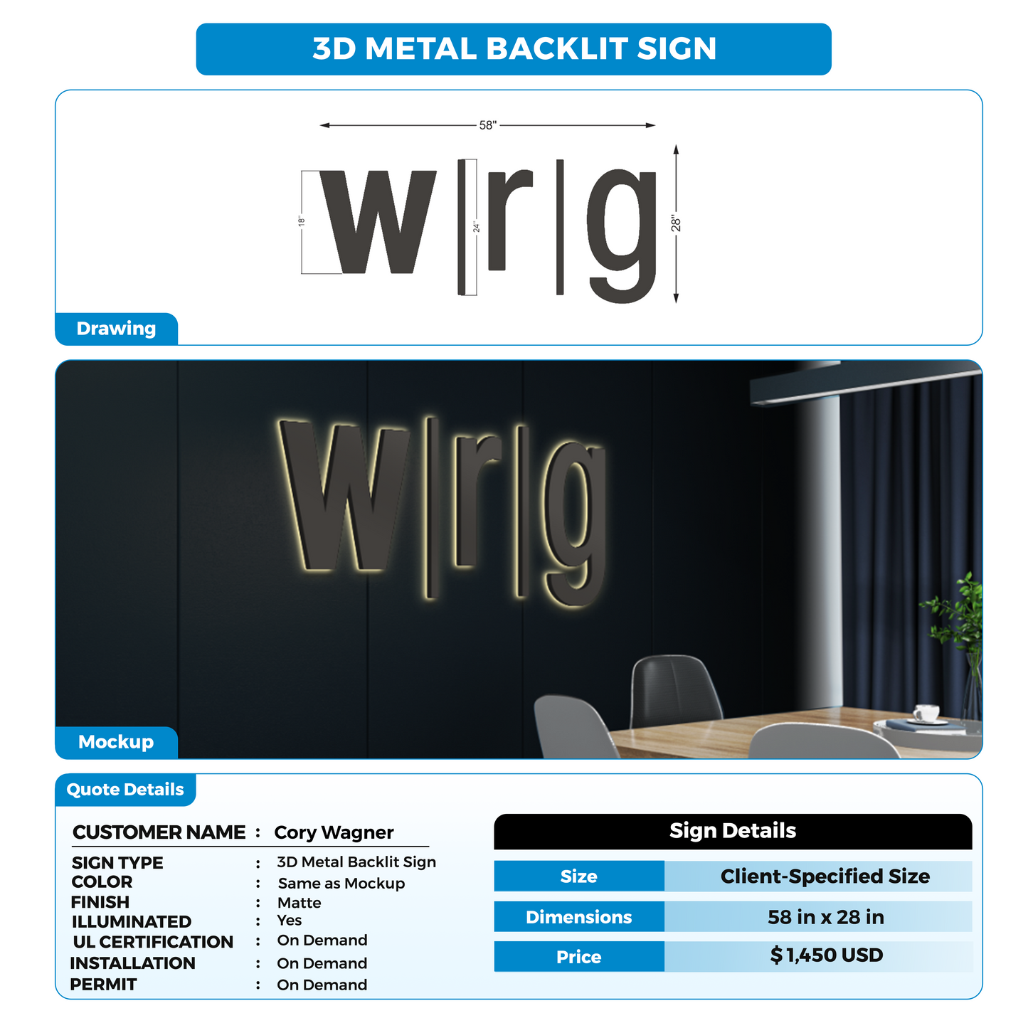 3D Metal Back-lit Sign For Cory Wagner