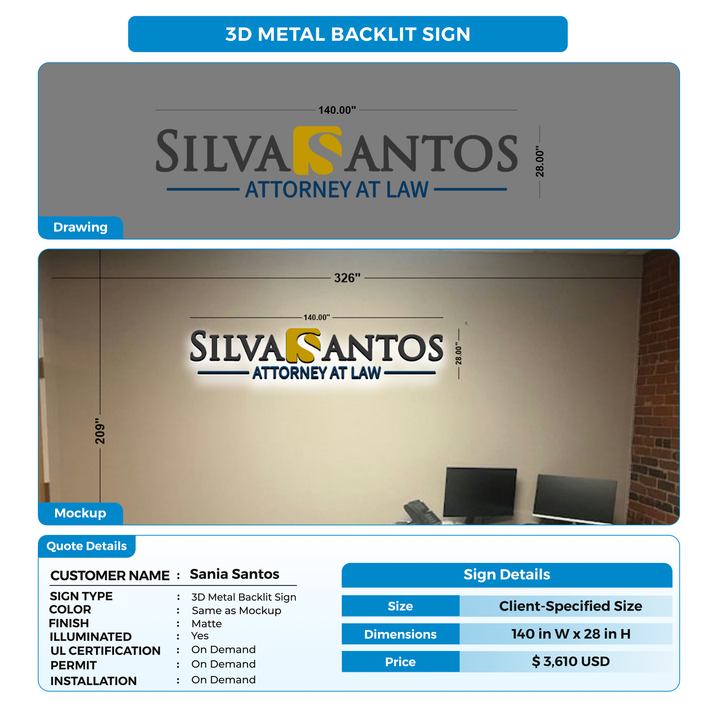 3D Metal Backlit Sign for Sania Santos