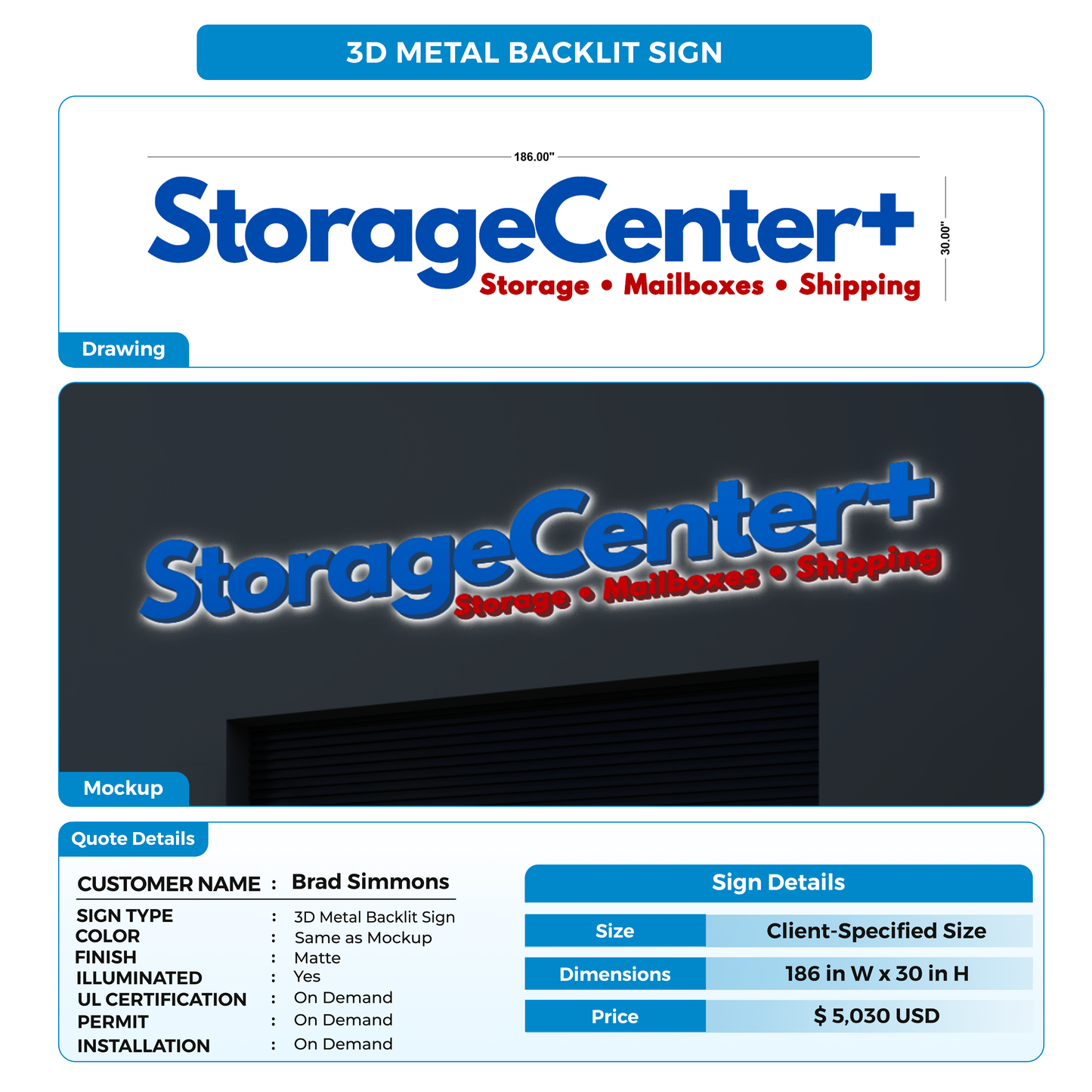 3D Metal Backlit Sign For Brad Simmons
