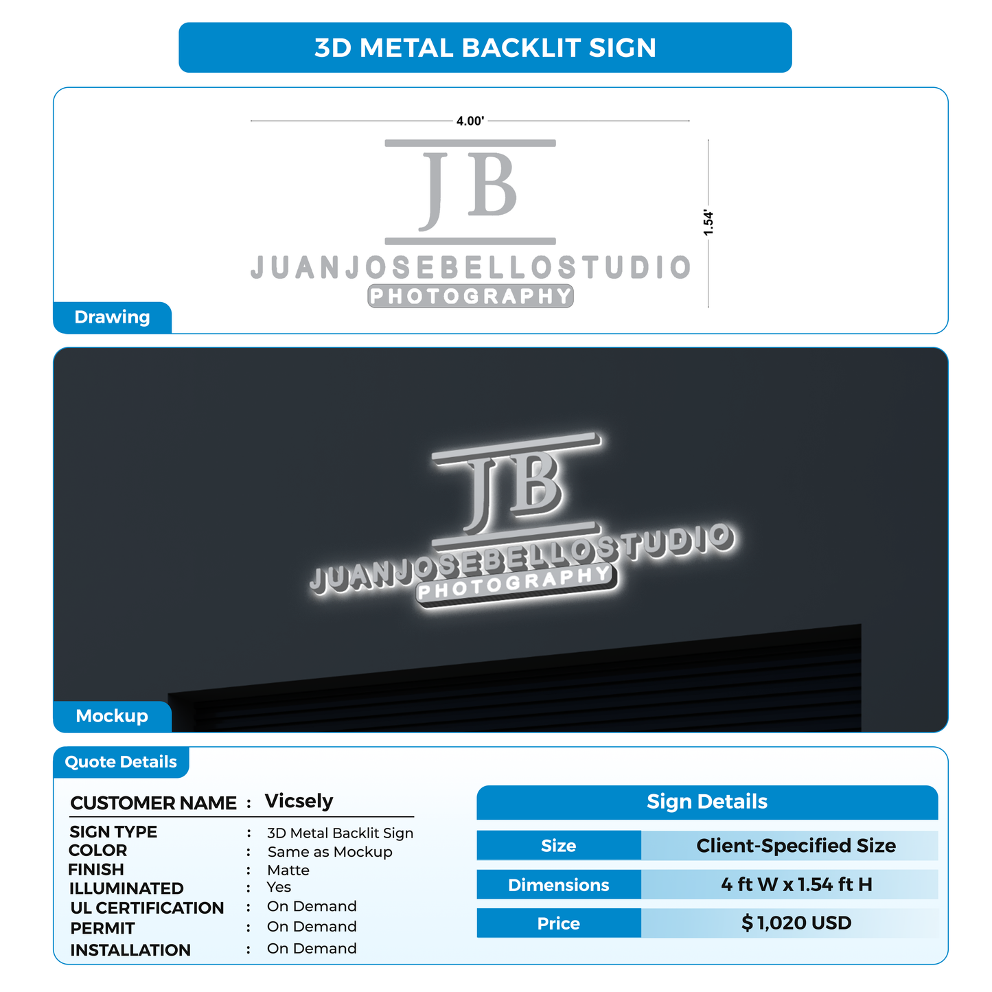 3D Metal Back-lit Sign For Vicsely