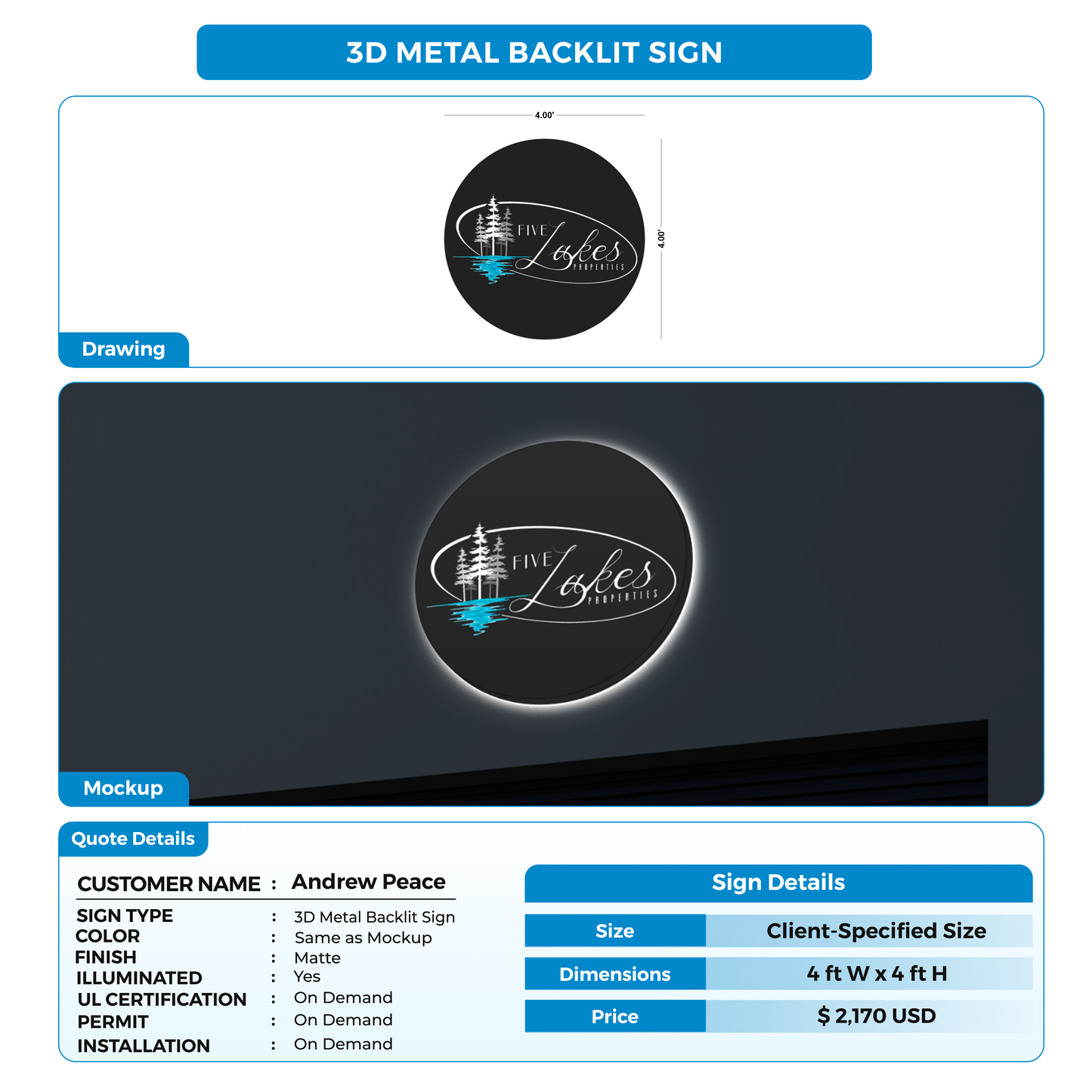 3D Metal Backlit Sign for Andrew Peace