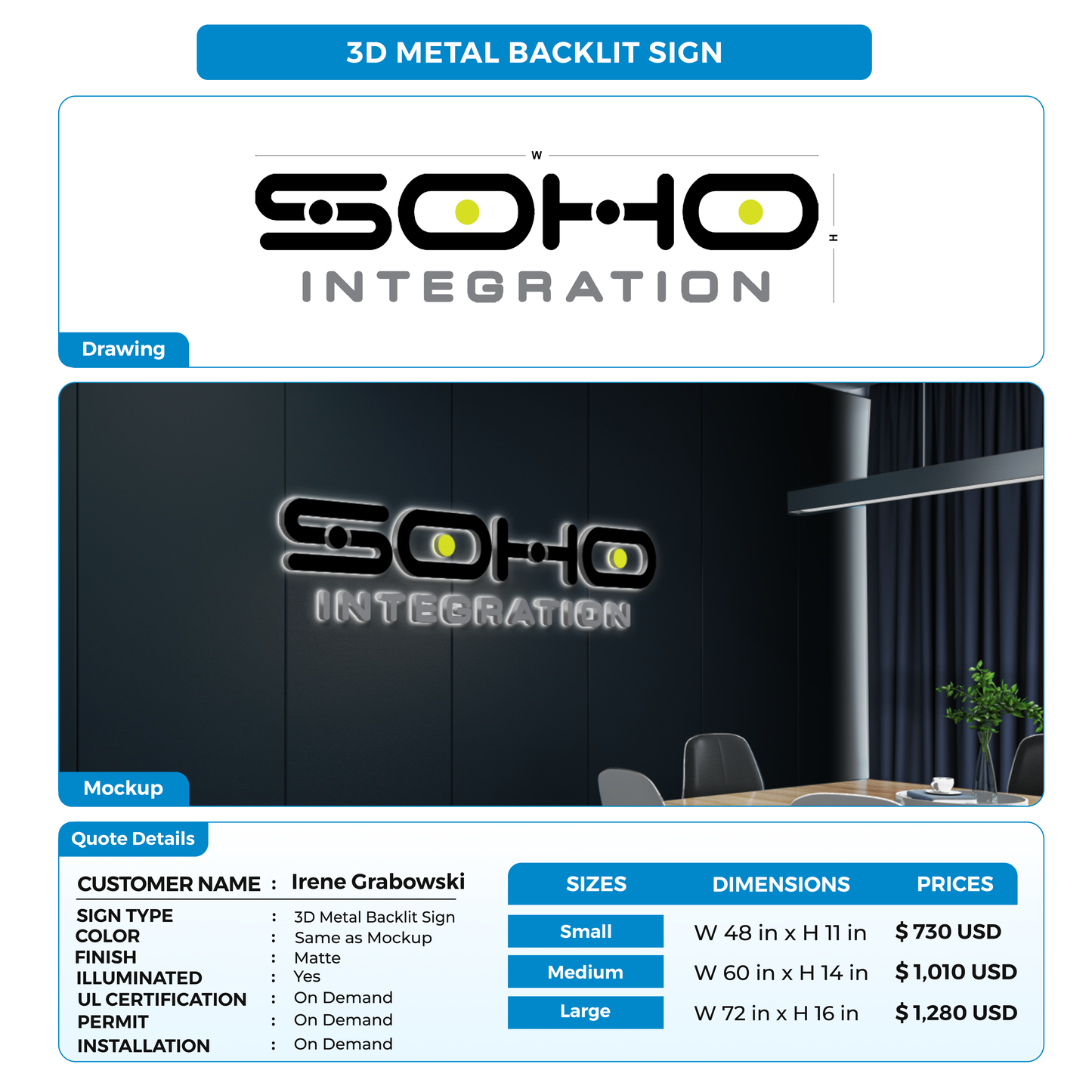 3D Metal Backlit Sign for Irene Grabowski