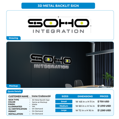 3D Metal Backlit Sign for Irene Grabowski