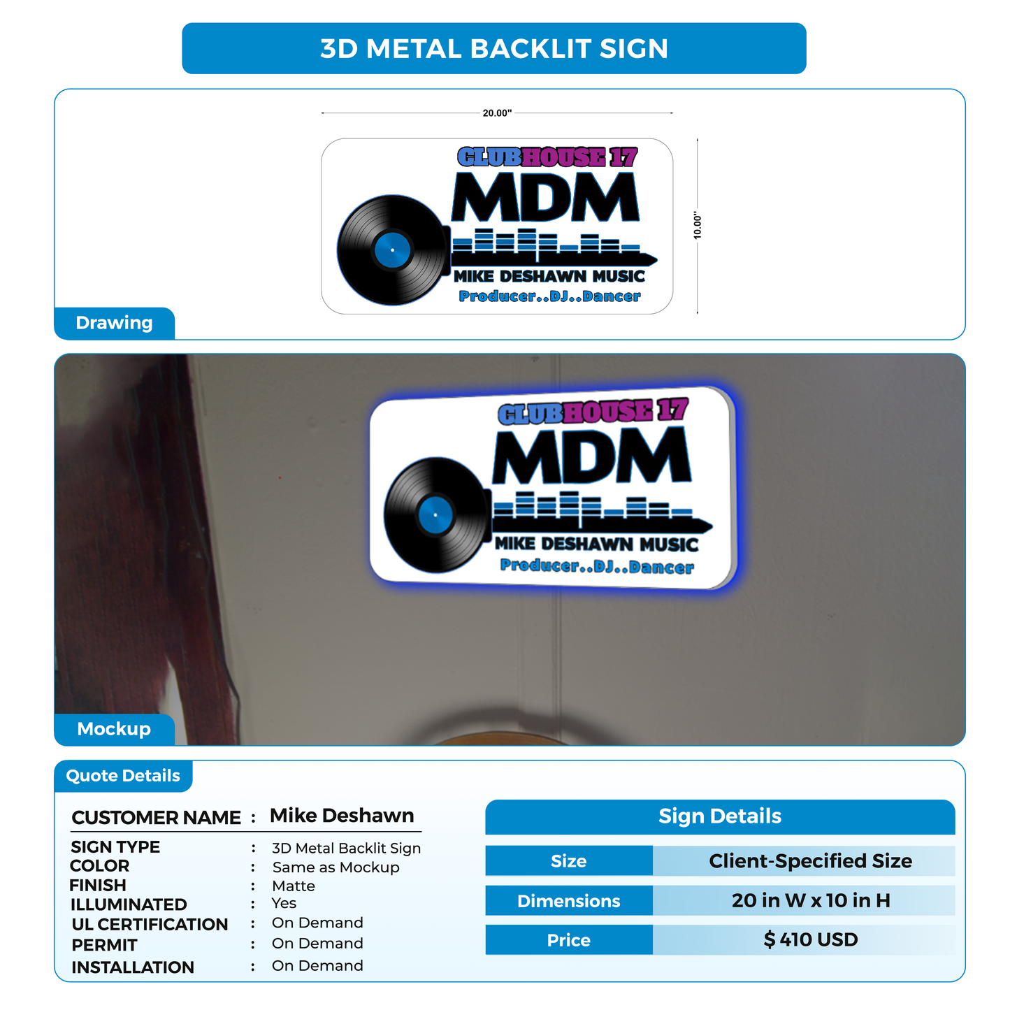 Custom Signs for Mike Deshawn MDMusic