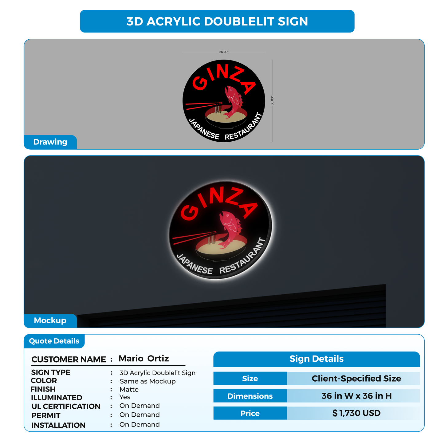 3D Acrylic Doublelit Signs for Mario  Ortiz