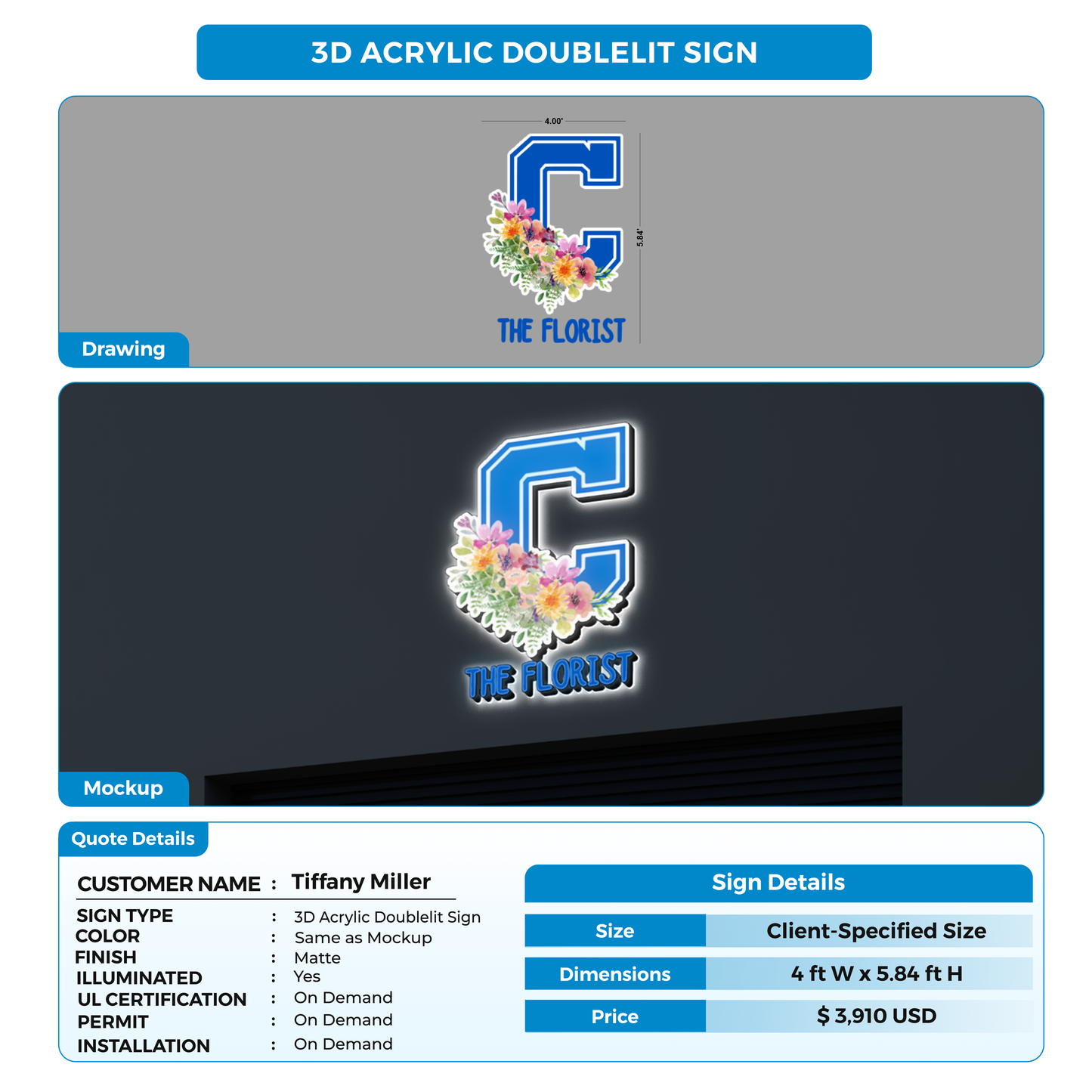 3D Acrylic Doublelit Sign for Tiffany Miller