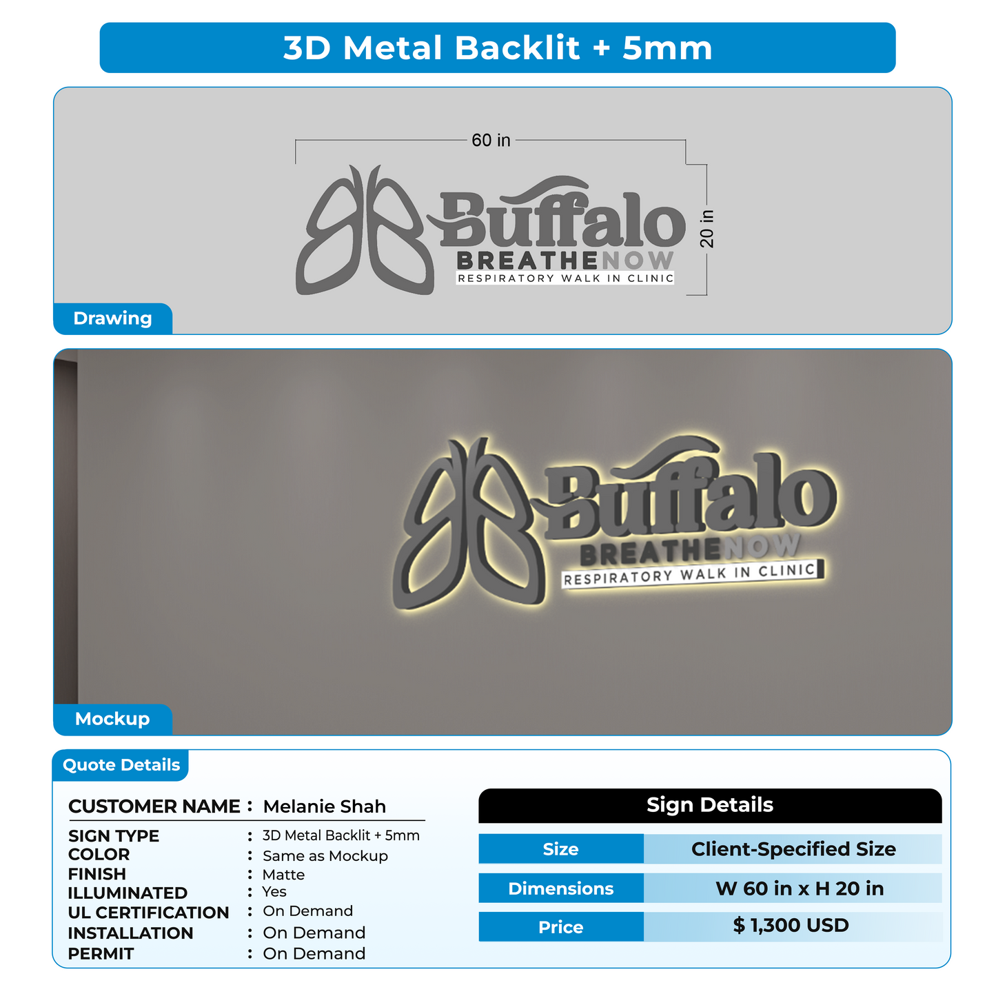 3D Metal Backlit + 5mm Metal Sign For Melanie Shah