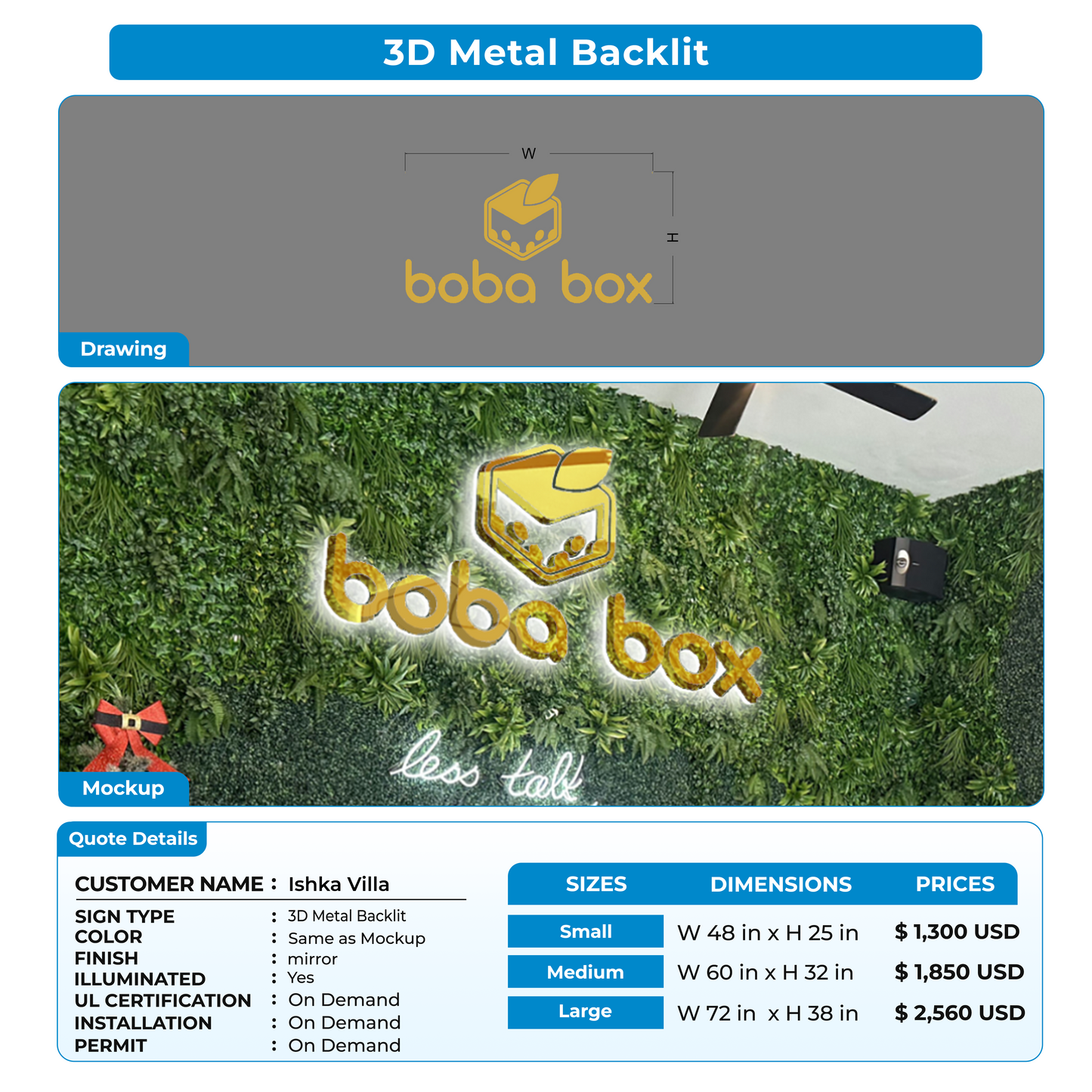 3D metal backlit sign for Ishka Villa