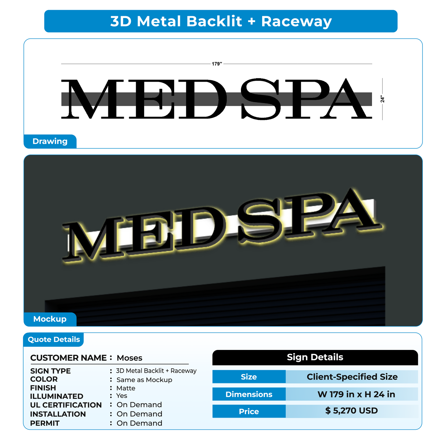 3D Metal Backlit Sign for Moses