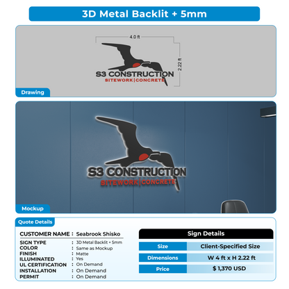 3D Metal Backlit Sign For Seabrook Shisko