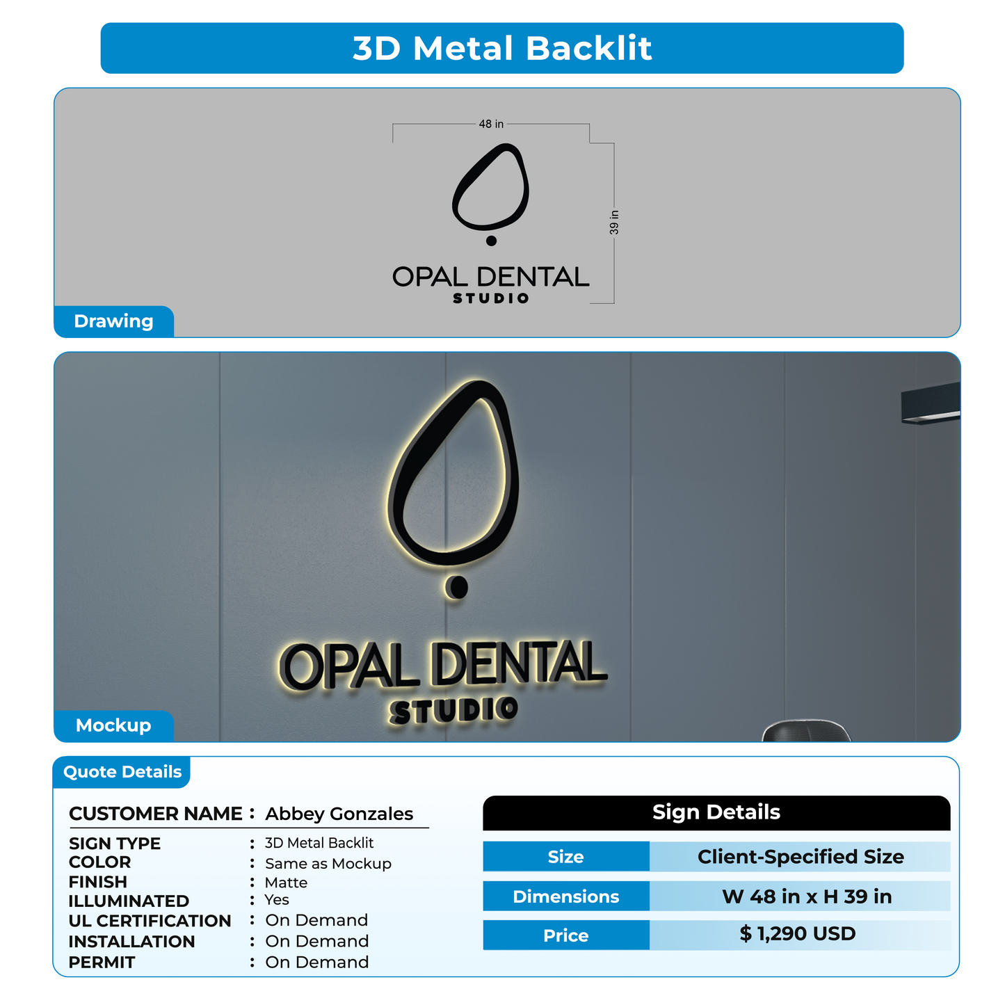 3D metal backlit sign for Abbey Gonzales