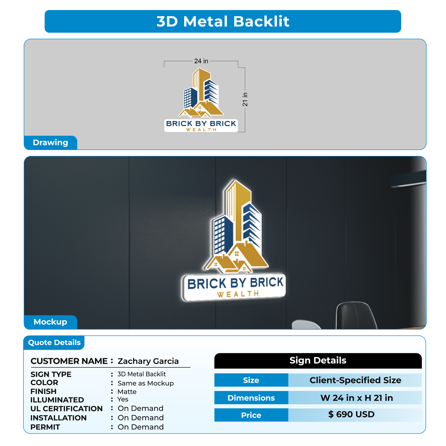 3D Metal Backlit Sign for Zachary Garcia