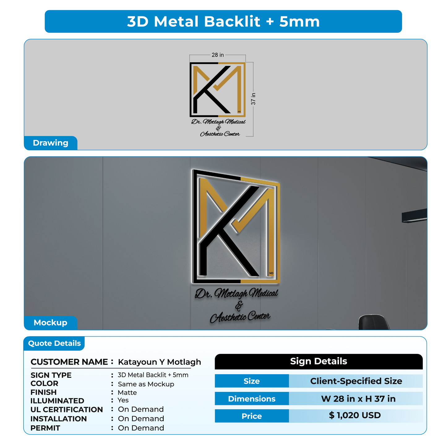 3D Metal Backlit Sign + 5mm for Katayoun Y Motlagh