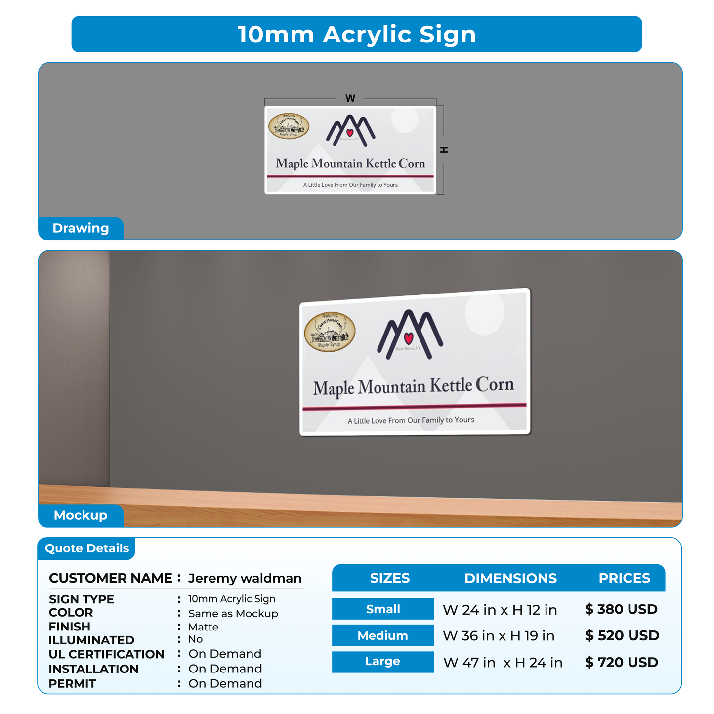 10mm Acrylic sign for Jeremy waldman