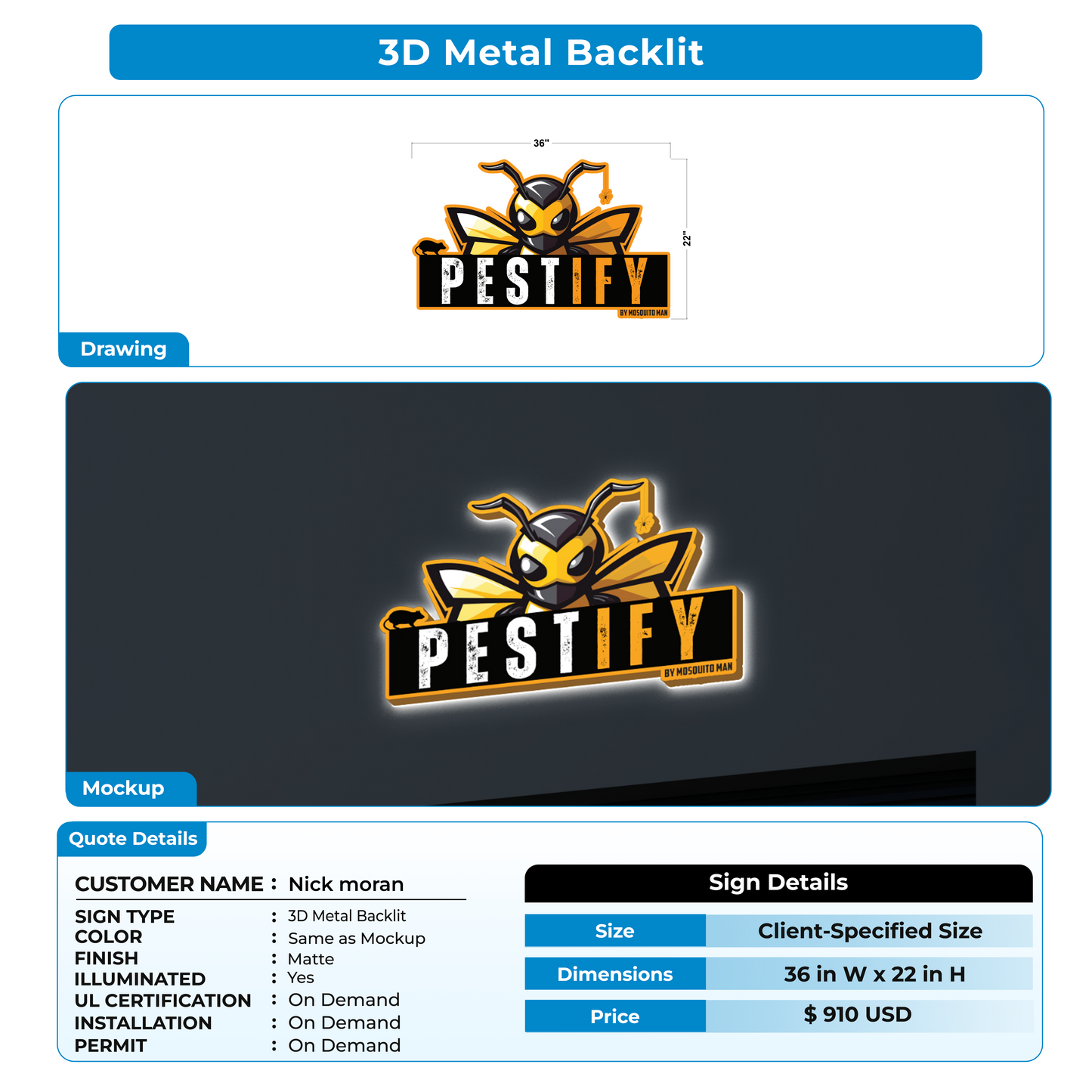 3D metal backlit sign for Nick moran