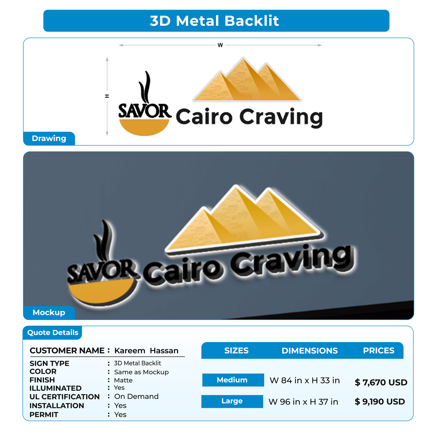3D Metal Backlit Signs for Kareem  Hassan