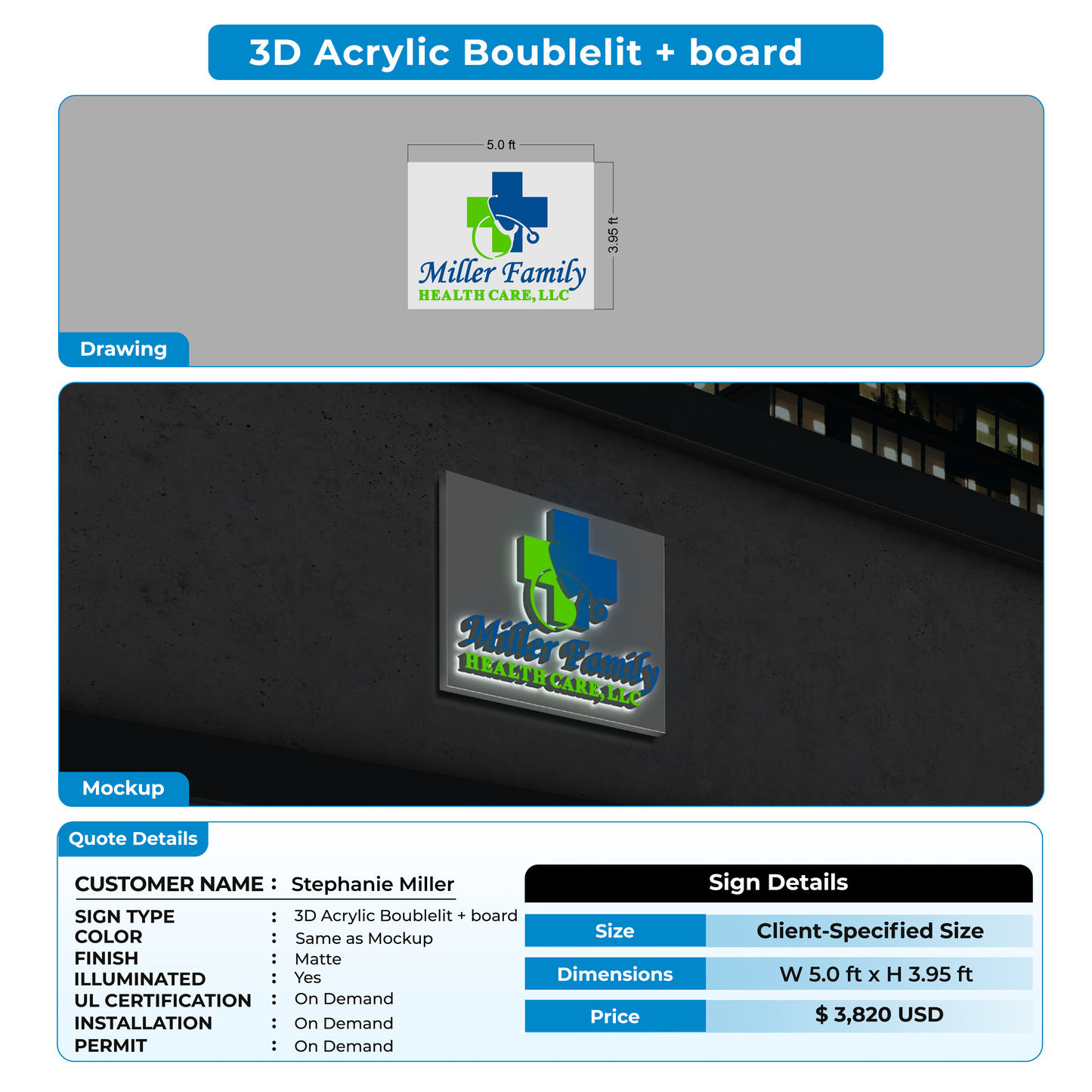 3D Acrylic Doublelit sign + board  for Stephanie Miller