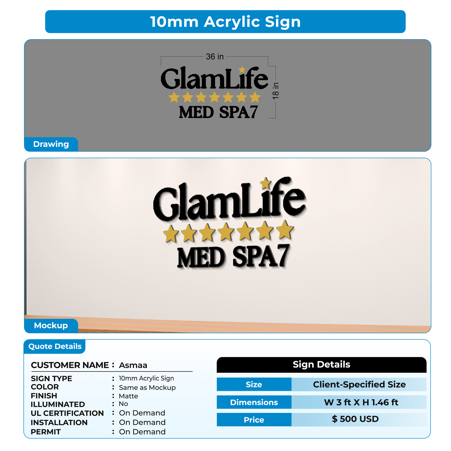 10mm Acrylic Sign for Asmaa