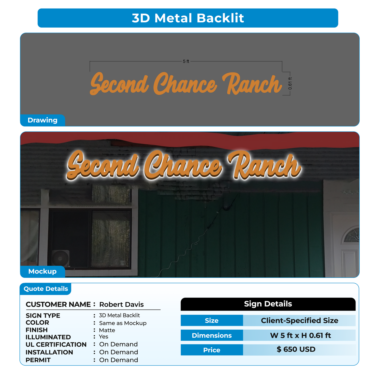 3D Metal Backlit Sign for Robert Davis