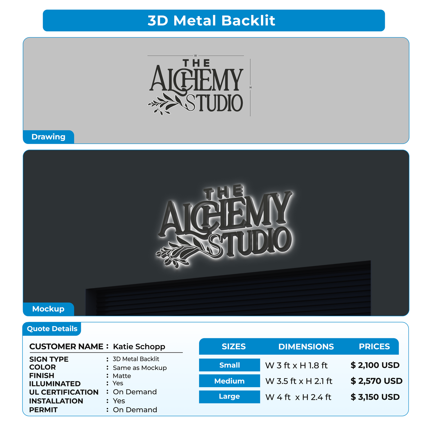 3D metal backlit sign for Katie Schopp