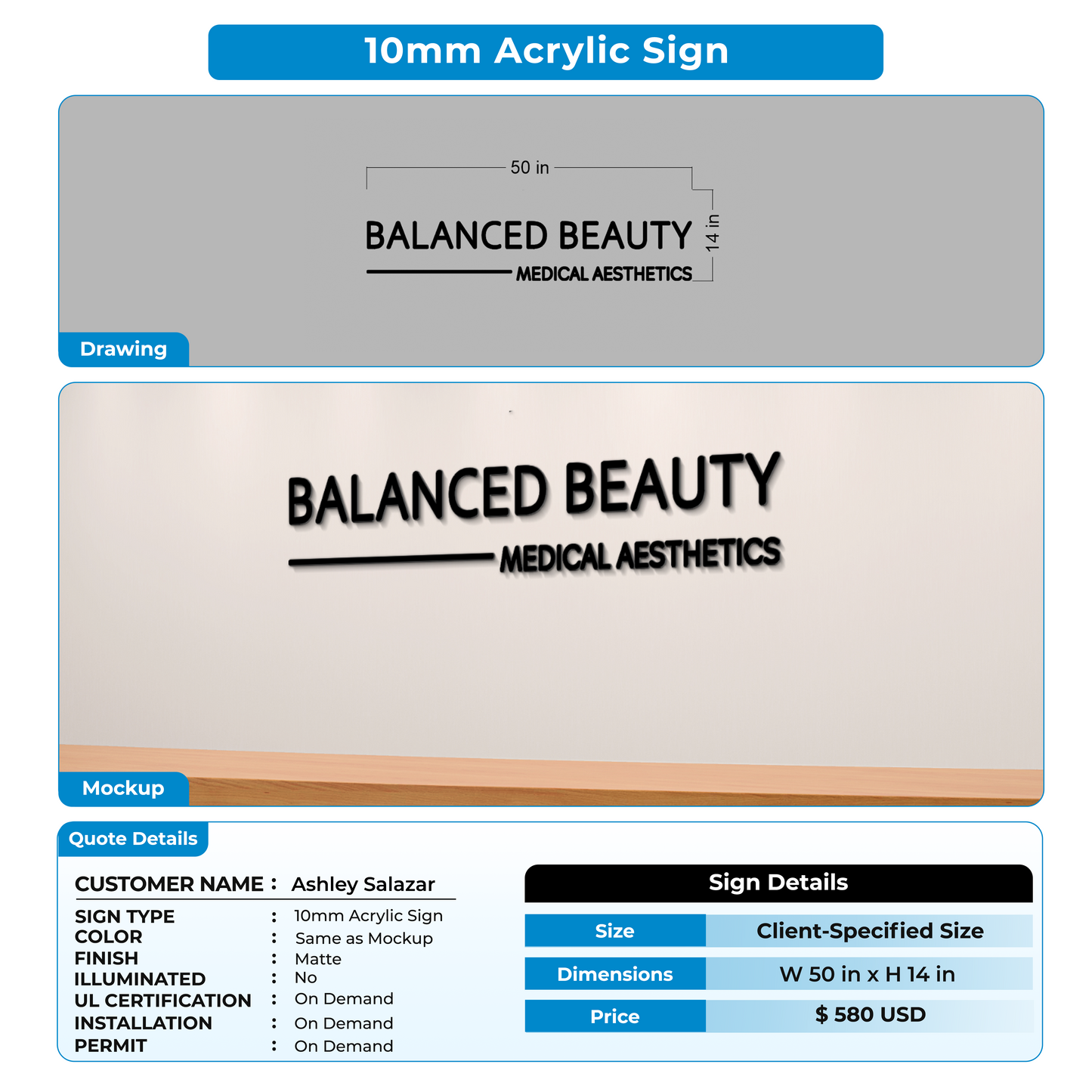 10MM Acrylic Signs For Ashley Salazar