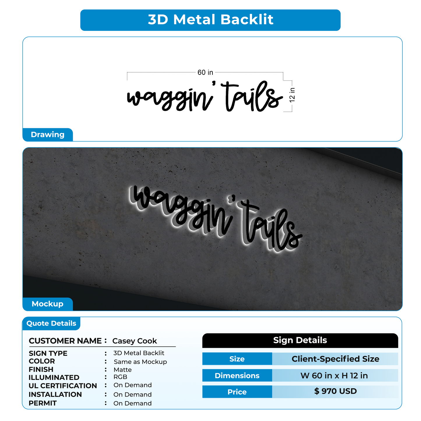 Half Payment of 3D metal backlit sign FOR Casey Cook