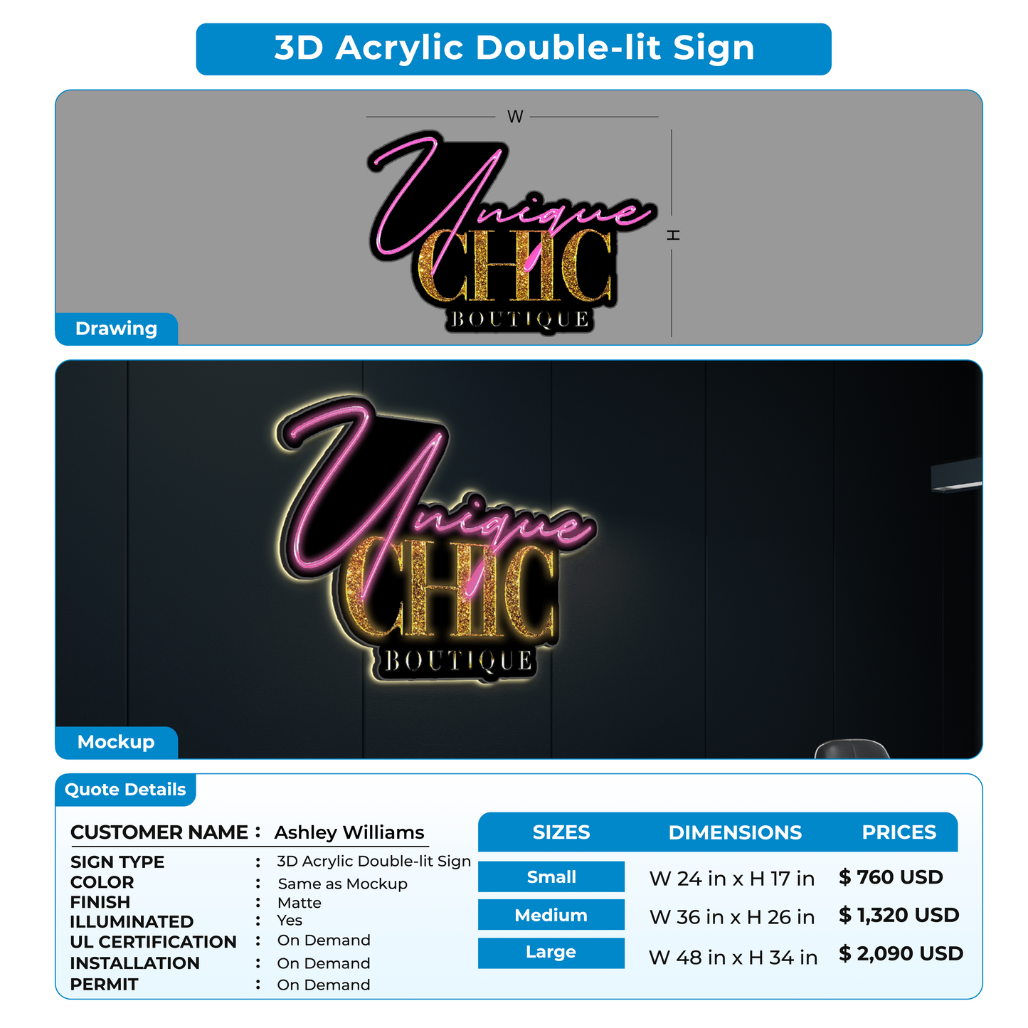 3d Acrylicdoublelit sign for Ashley Williams