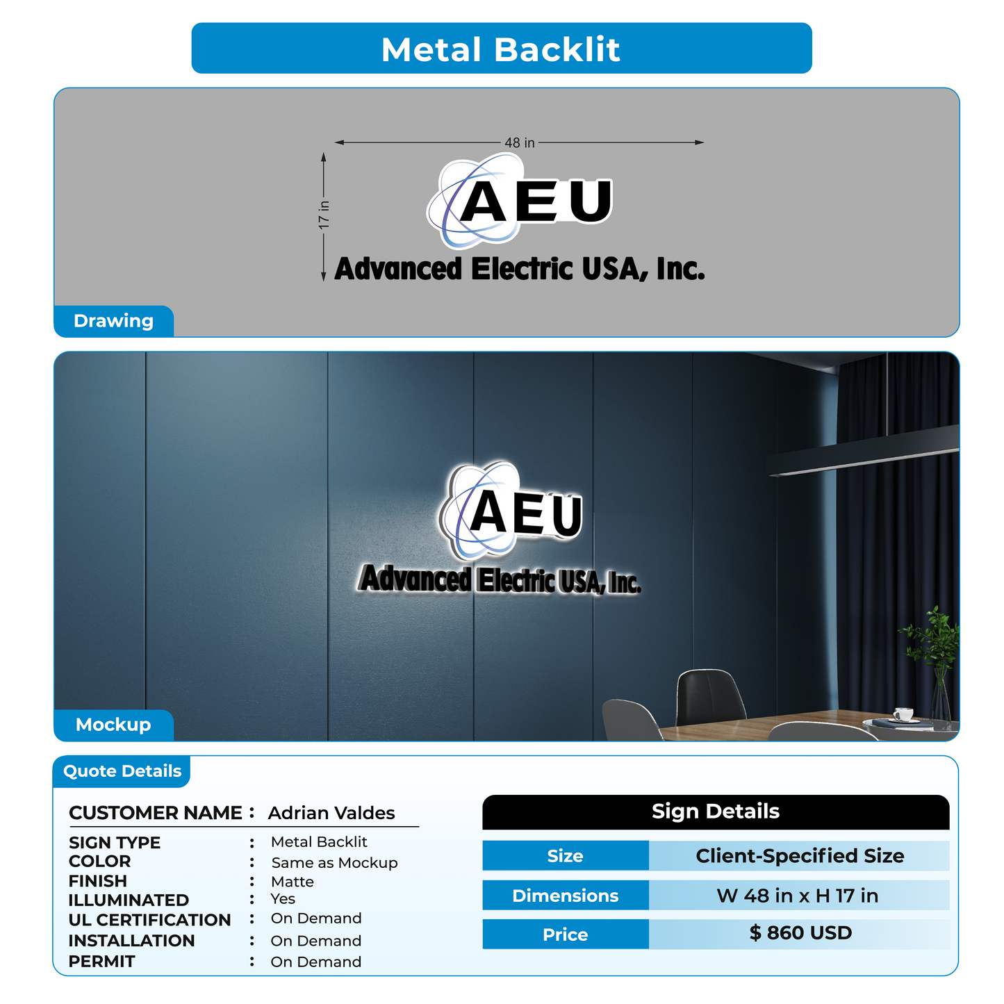 Metal Backlit Sign for Adrian Valdes