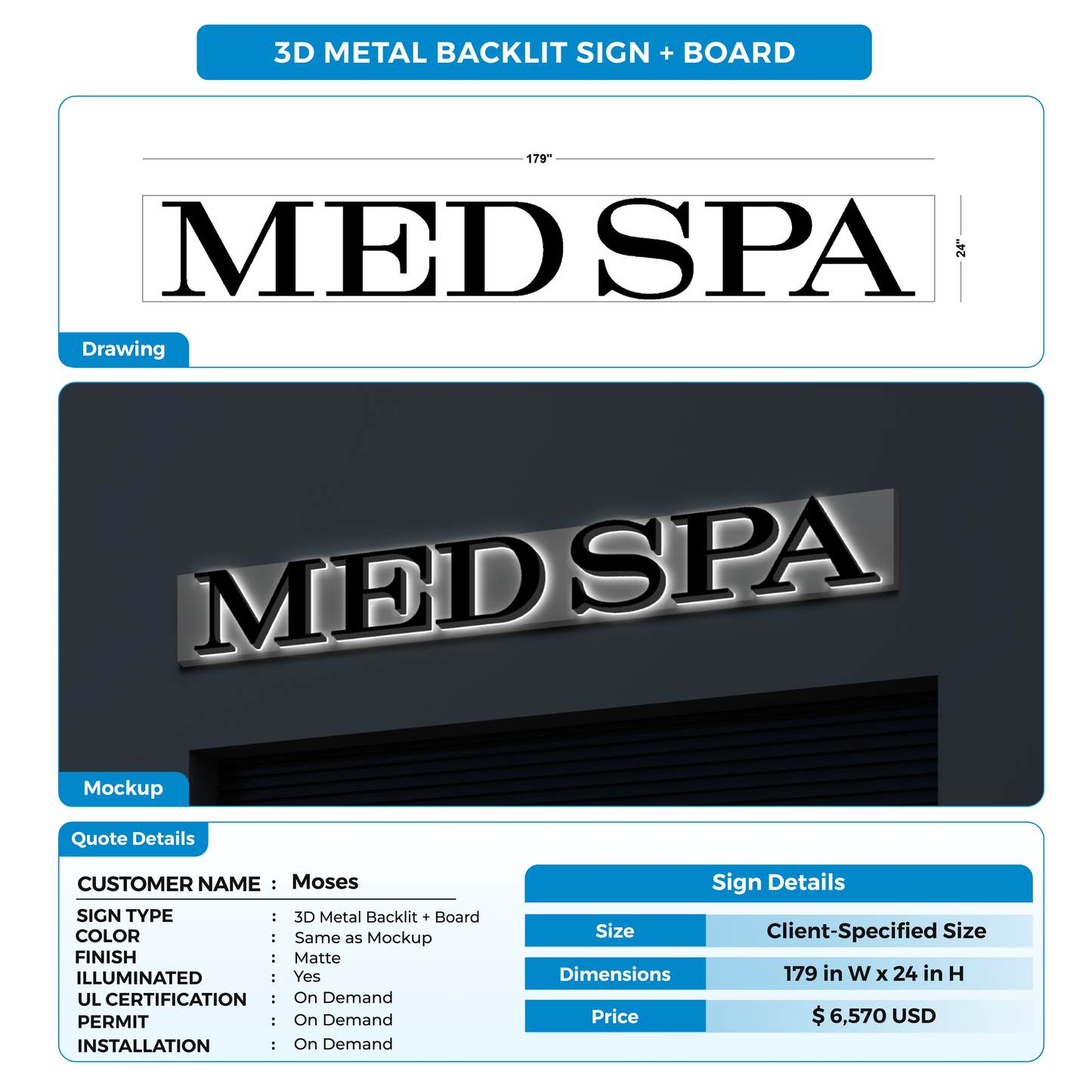 3D Metal Backlit Sign for Moses