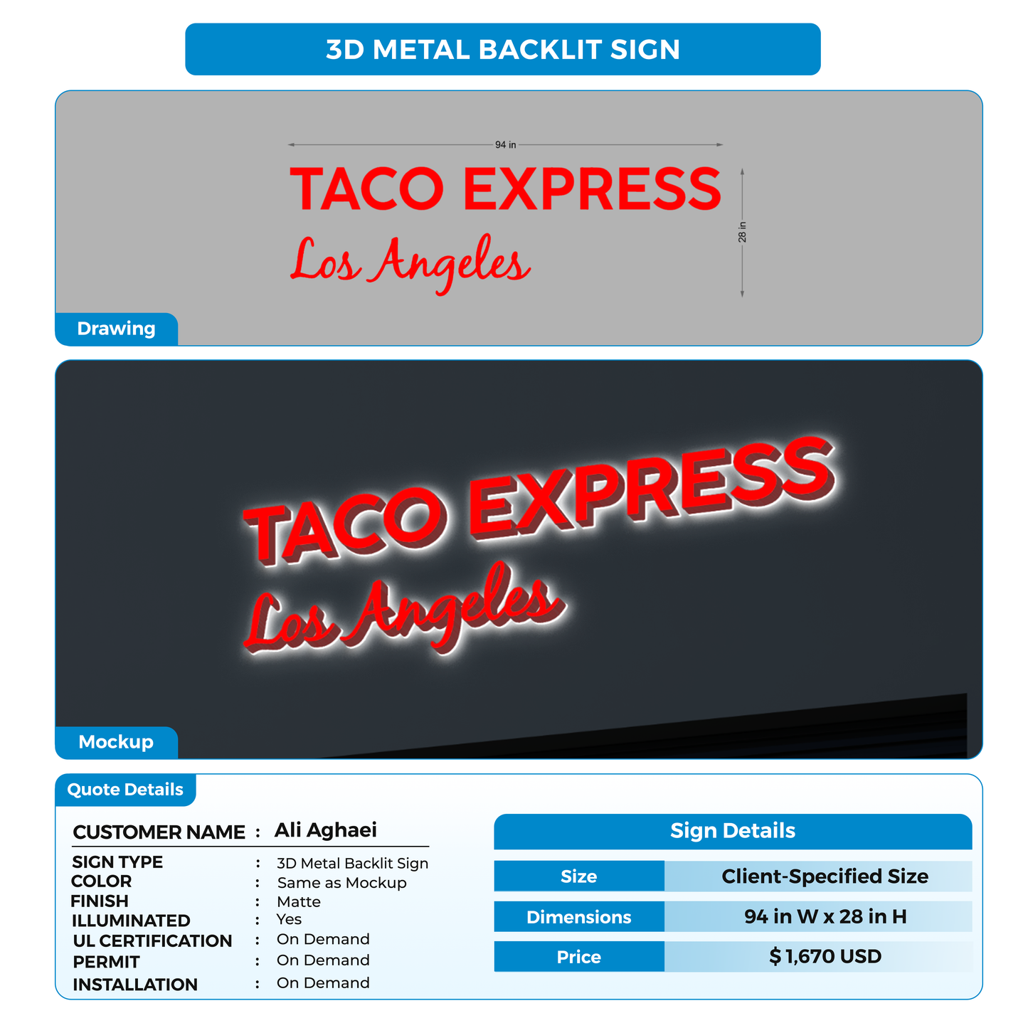 3D Metal Back-lit Sign For Ali Aghaei
